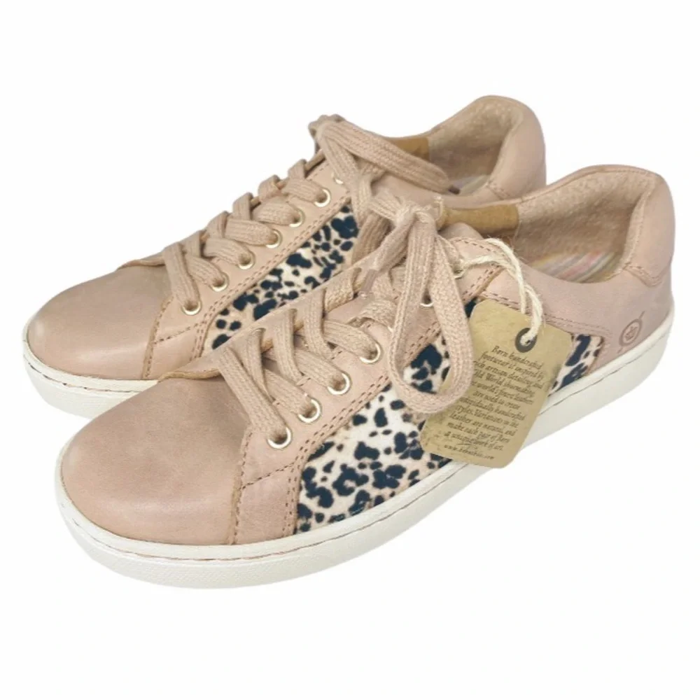 Born Women's Sur Leather Lace Up Sneakers Pink Tan Animal Print New Size 6.5